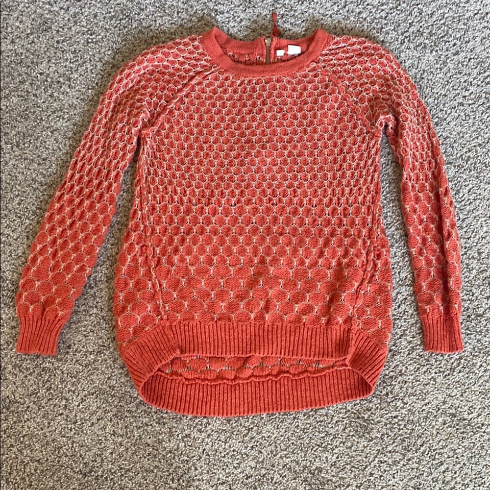 Anthropologie Red Crew Neck Sweater with Intricate Knit Design
